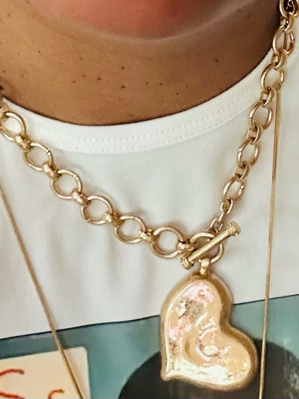 Gold Heart Link Necklace Set with Stud Earrings